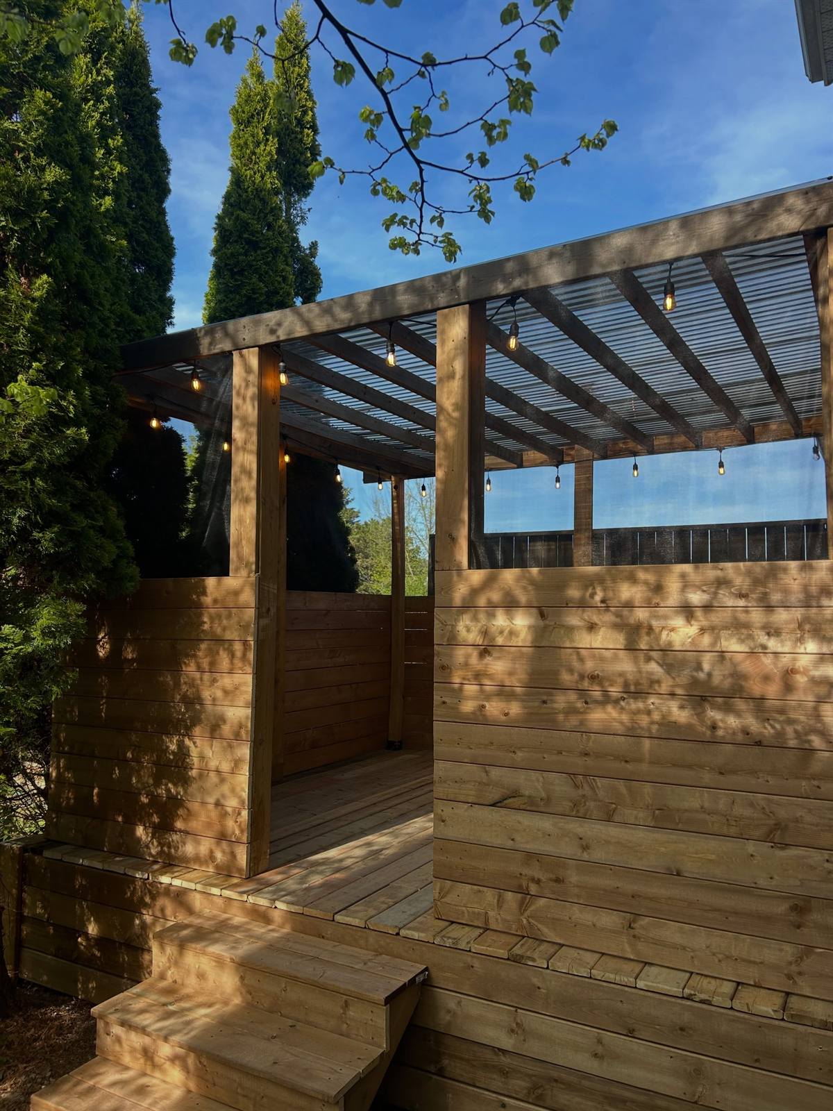 Cedar pergola with string lights over a raised deck in Kingston, Ontario